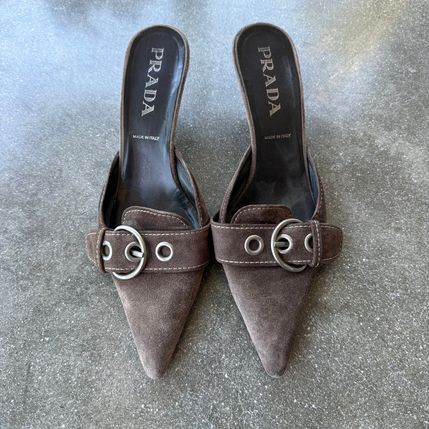 Spring 2002 Prada Taupe Suede Buckle Mules - US 8