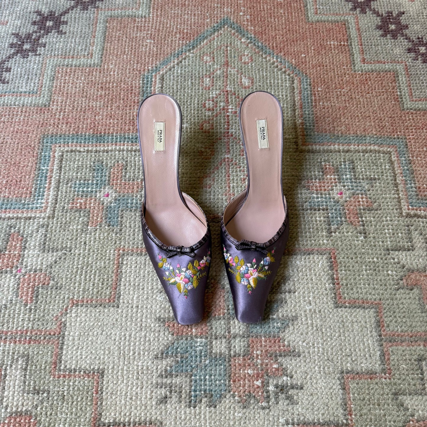 Y2K Prada Purple Silk Satin Floral Mules - US 8.5-9