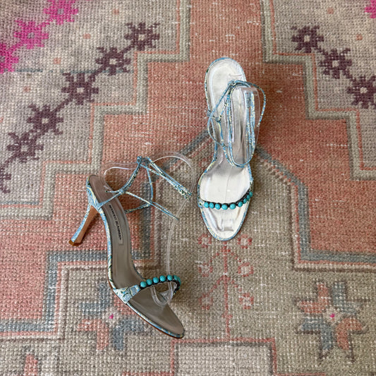 Y2K Manolo Blahnik Turquoise Paisley Sandals - US 8