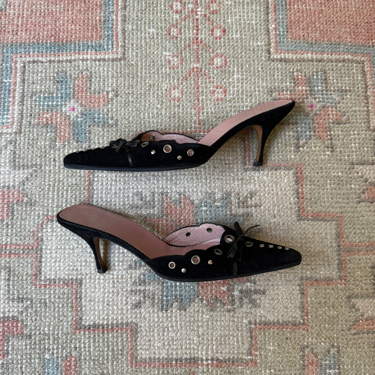 S/S2002 Prada Black Suede Grommet Mules - US 7-7.5