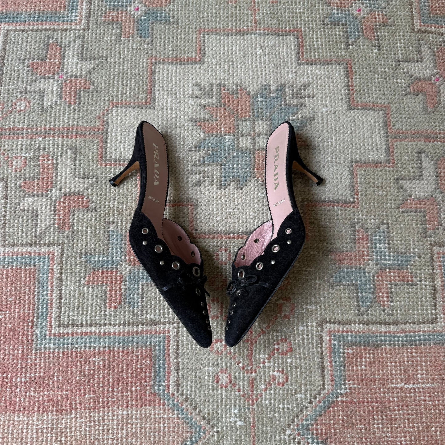 S/S2002 Prada Black Suede Grommet Mules - US 7.5