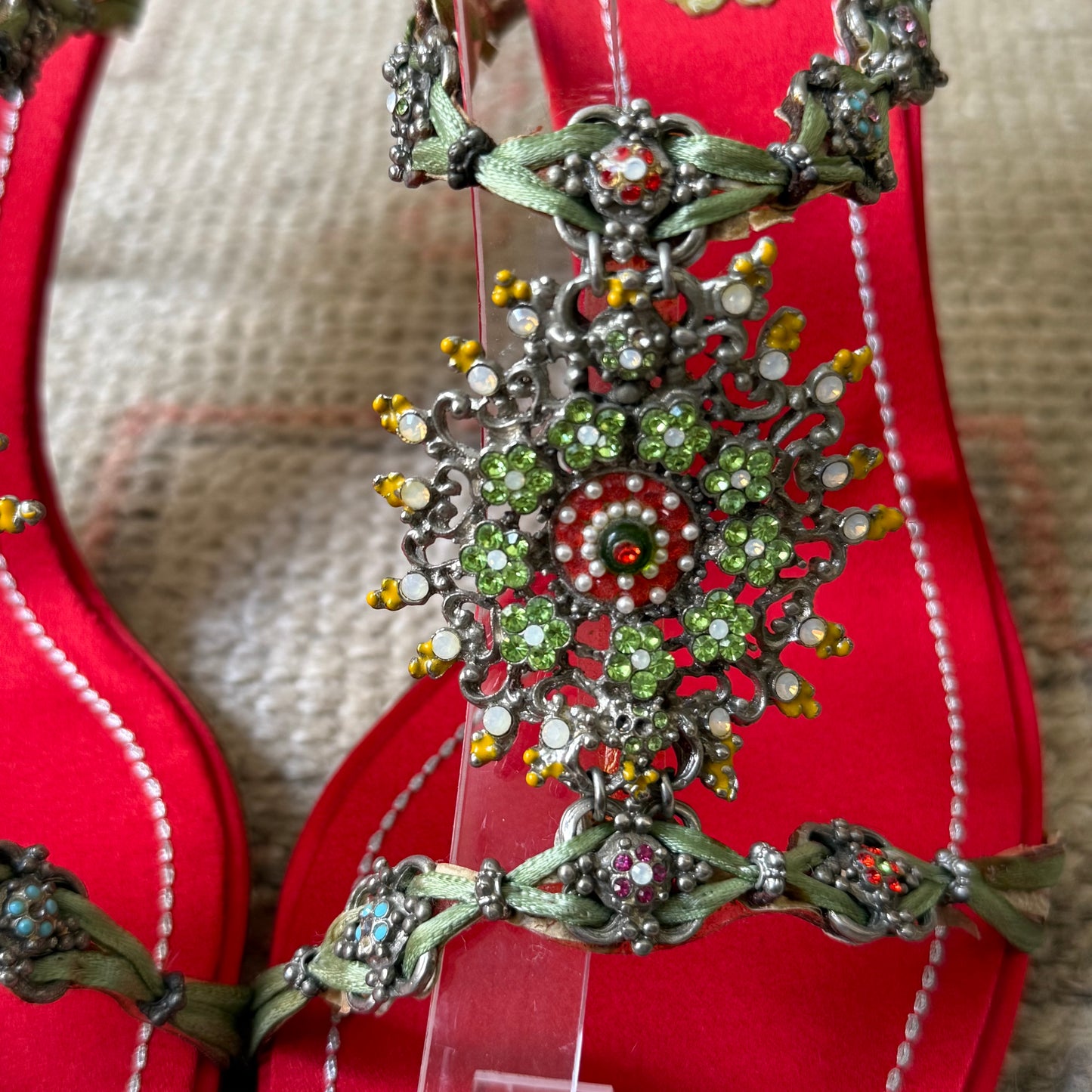 Y2K Red Silk Satin Jeweled René Caovilla Sandals - US 9