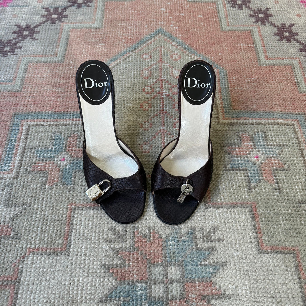 S/S2001 Galliano Dior Brown Lock + Key Mules - US 7.5