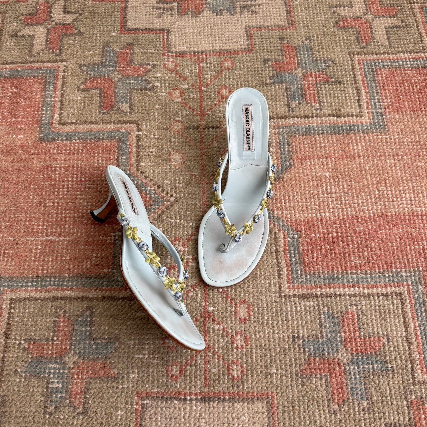 Y2K Baby Blue Manolo Blahnik Floral Thong Sandals - US 7.5