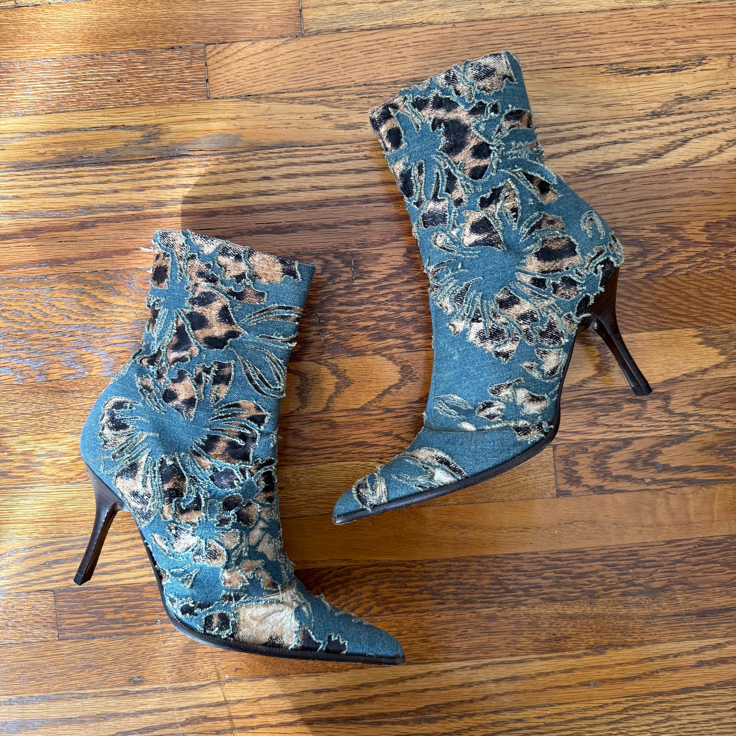 S/S2002 Roberto Cavalli Denim + Leopard Laser Cut Boots - US 7