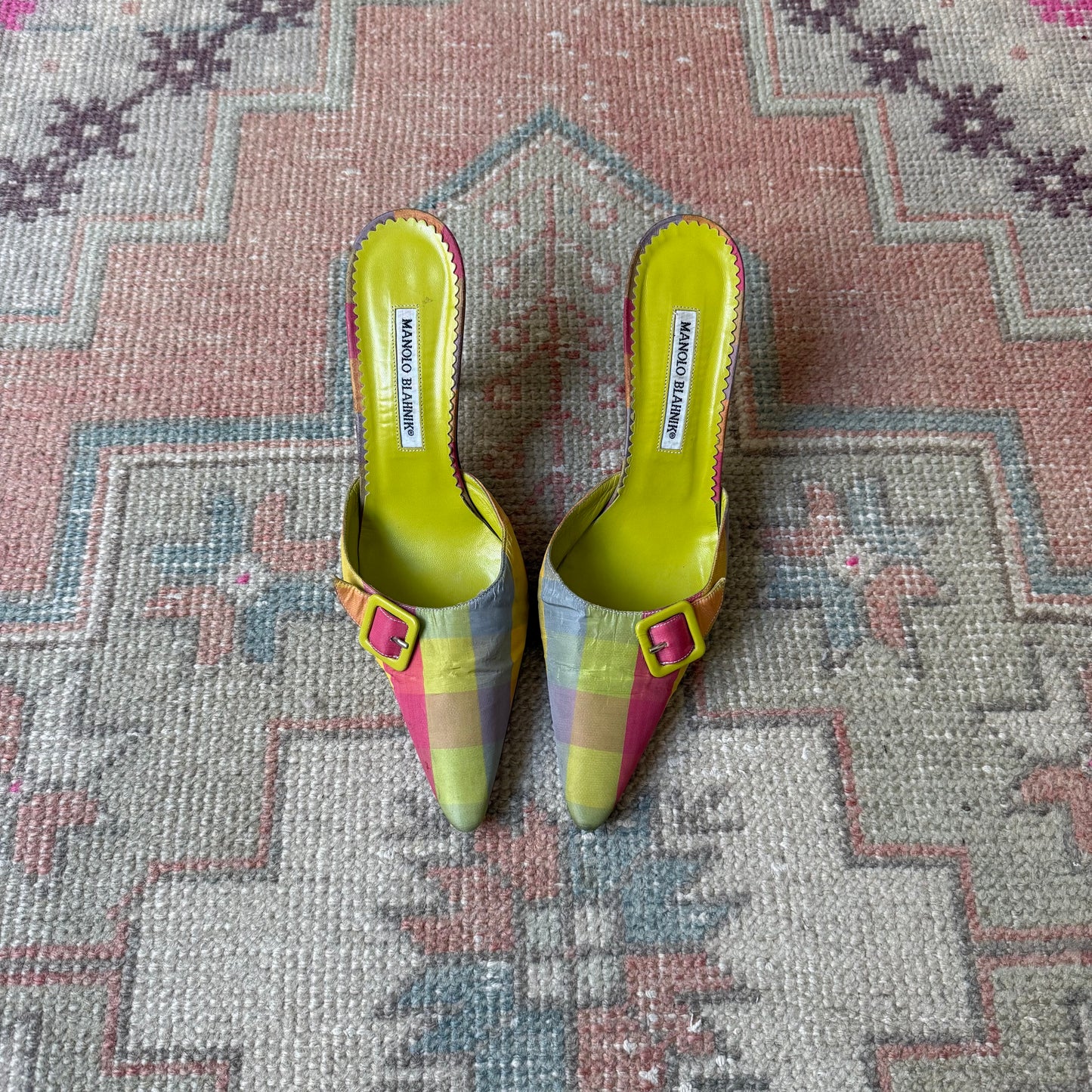 S/S2000 Manolo Blahnik Tartan Green Mules - US 9-9.5