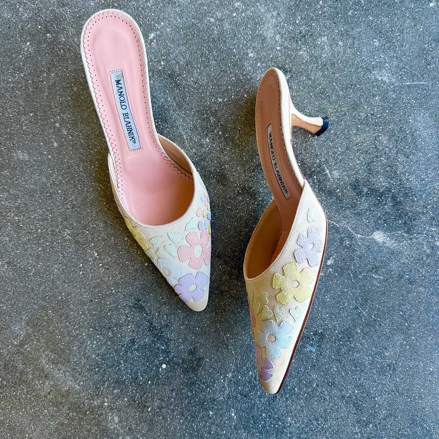 Suede Floral Patchwork Manolo Blahnik Mules - US 6.5