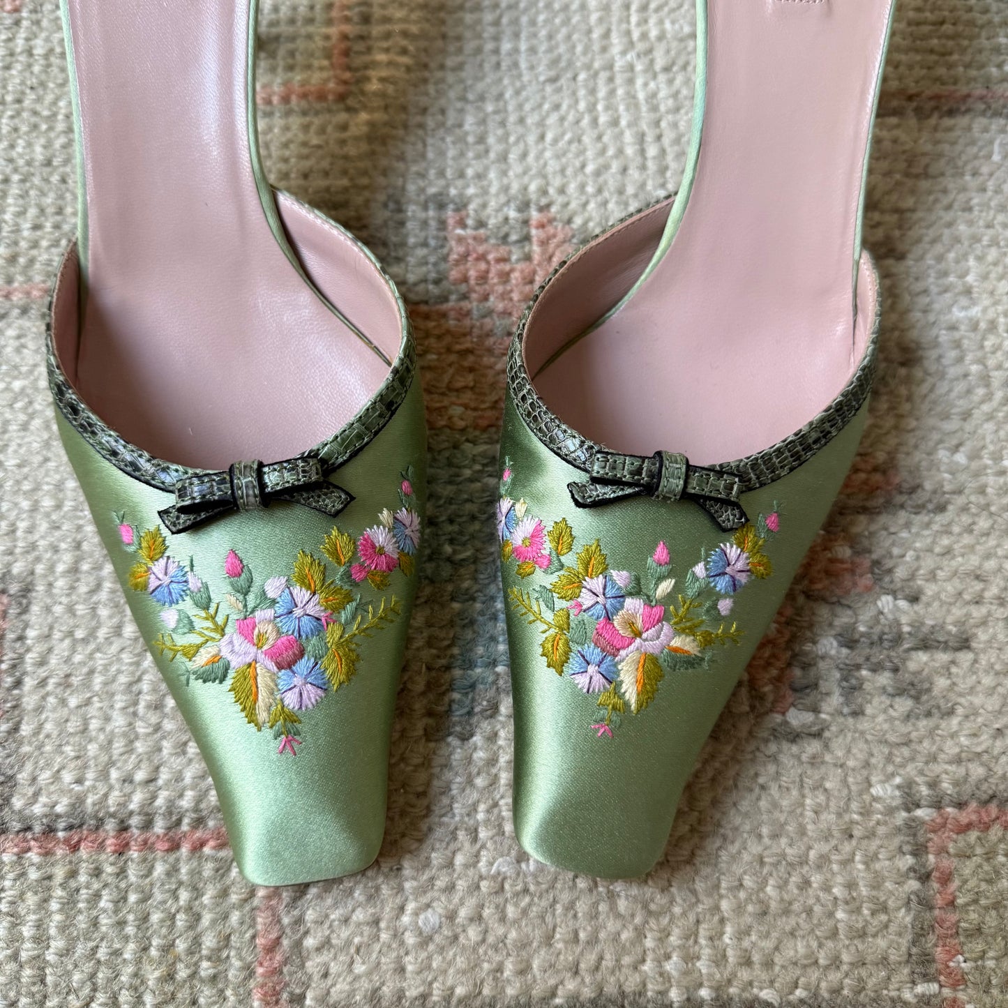 Y2K Prada Silk Satin Floral Lizard Mules - US 8