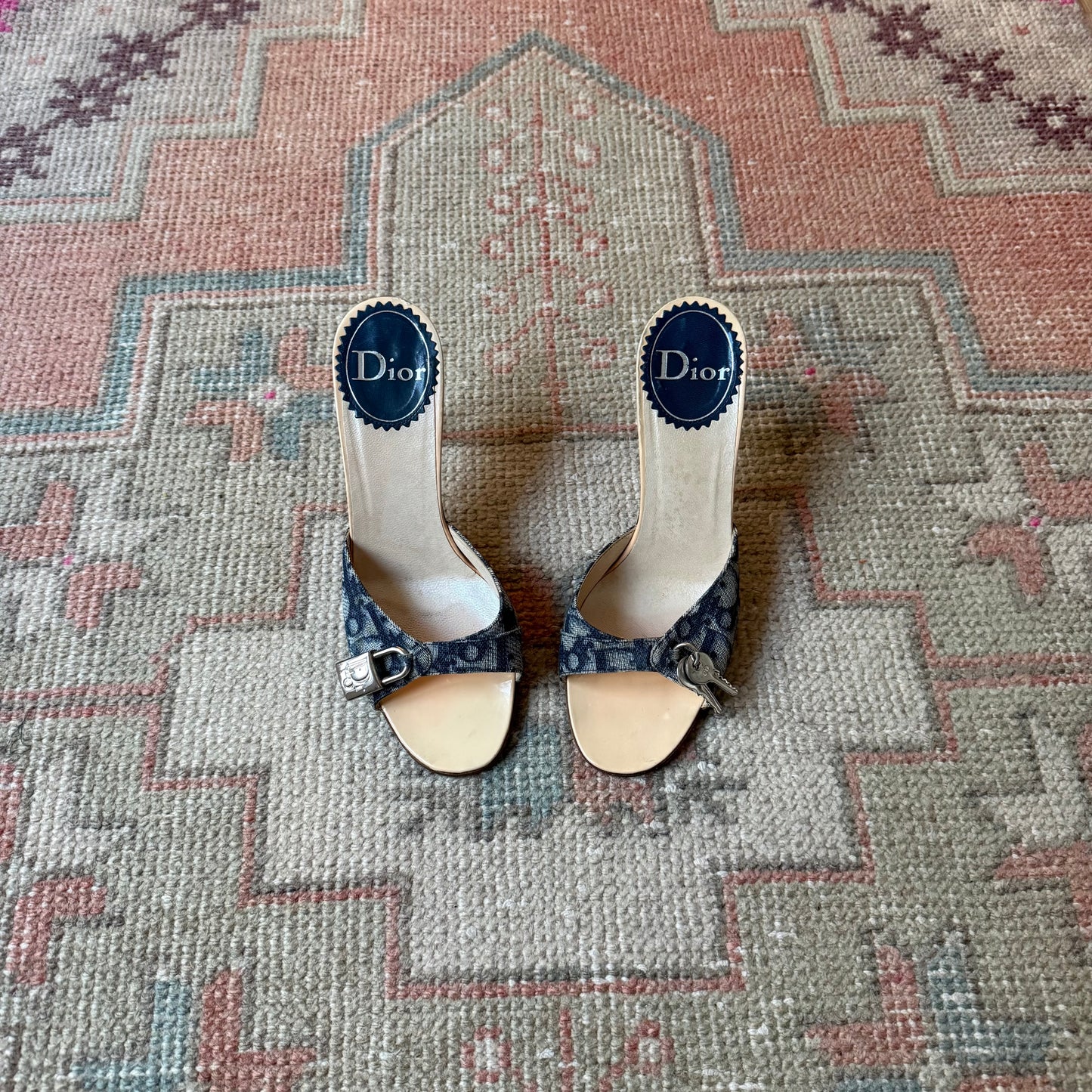 S/S2004 Galliano Dior Blue Lock & Key Mules - US 6.5