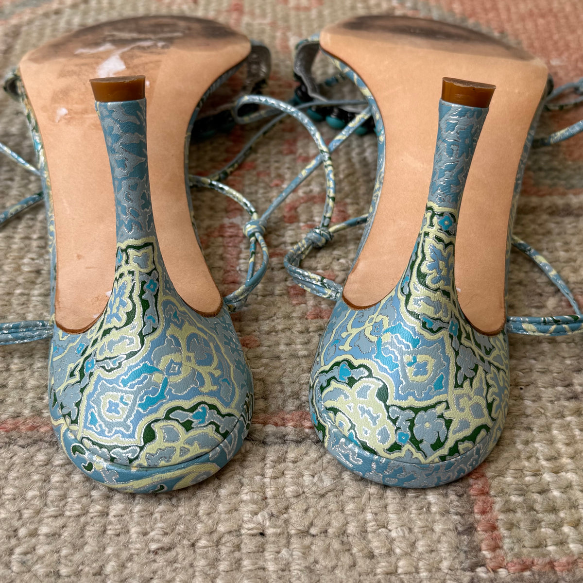 Y2K Manolo Blahnik Turquoise Paisley Sandals - US 8