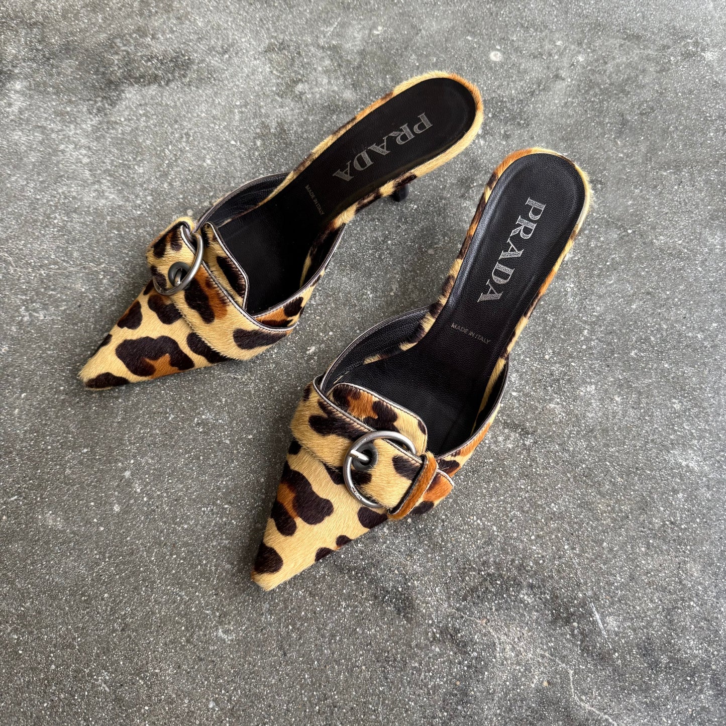 00s Prada Ponyhair Leopard Mules - US 7