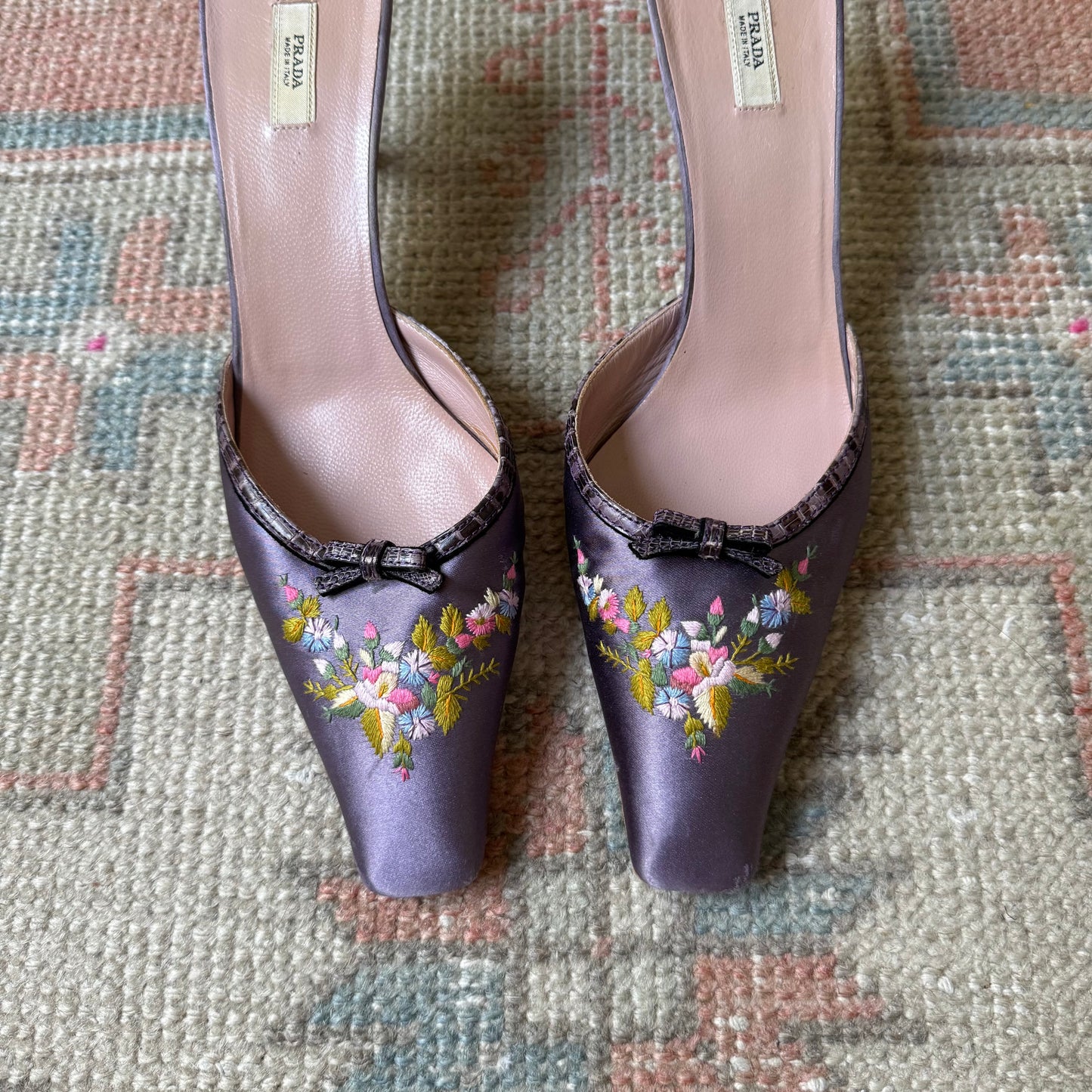 Y2K Prada Purple Silk Satin Floral Mules - US 8.5-9