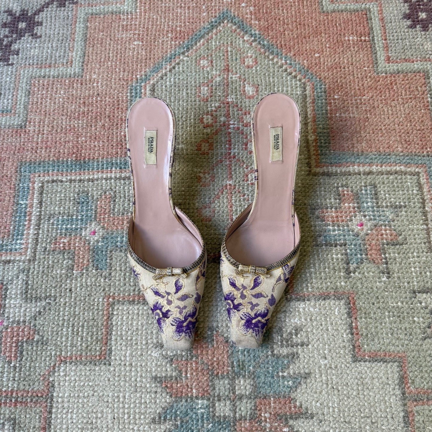 00s Prada Purple and Champagne Jacquard Lizard Mules - US 7.5