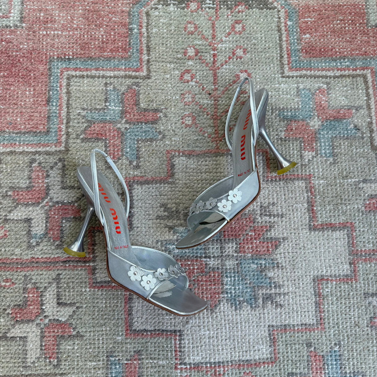 F/W1999 miu miu Silver Floral Slingbacks - US 7