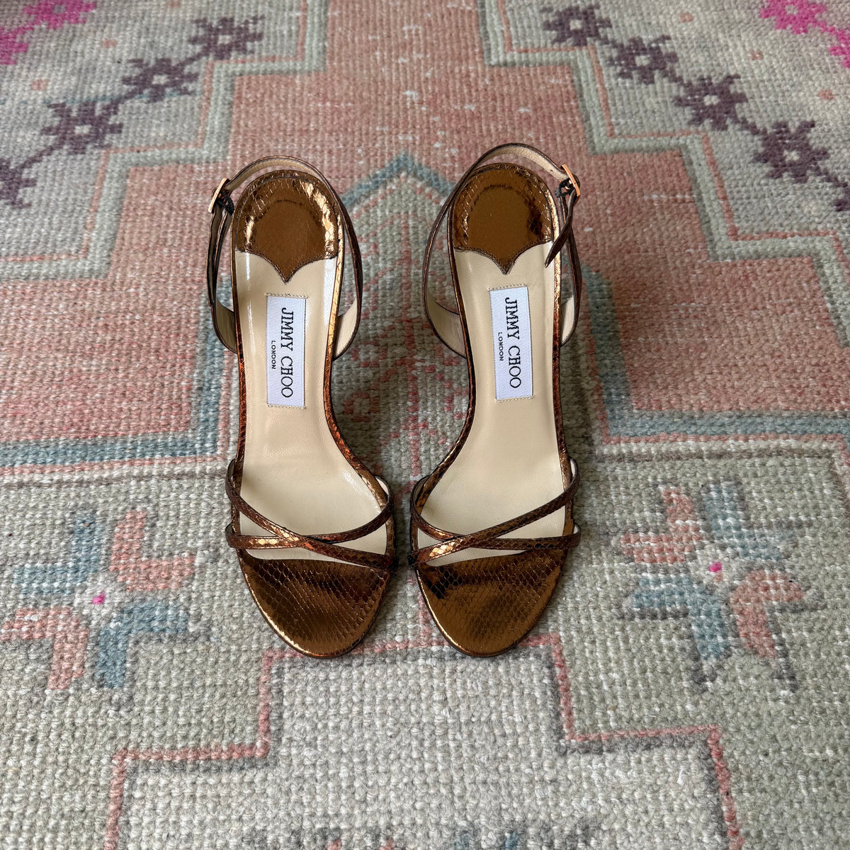 Y2K Bronze Jimmy Choo Snake-Embossed Sandals - US 7.5