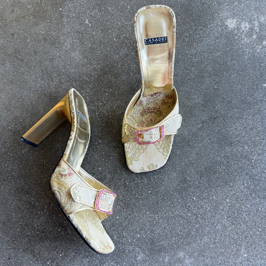 00s Casadei Jacquard Gold Mules - US 7