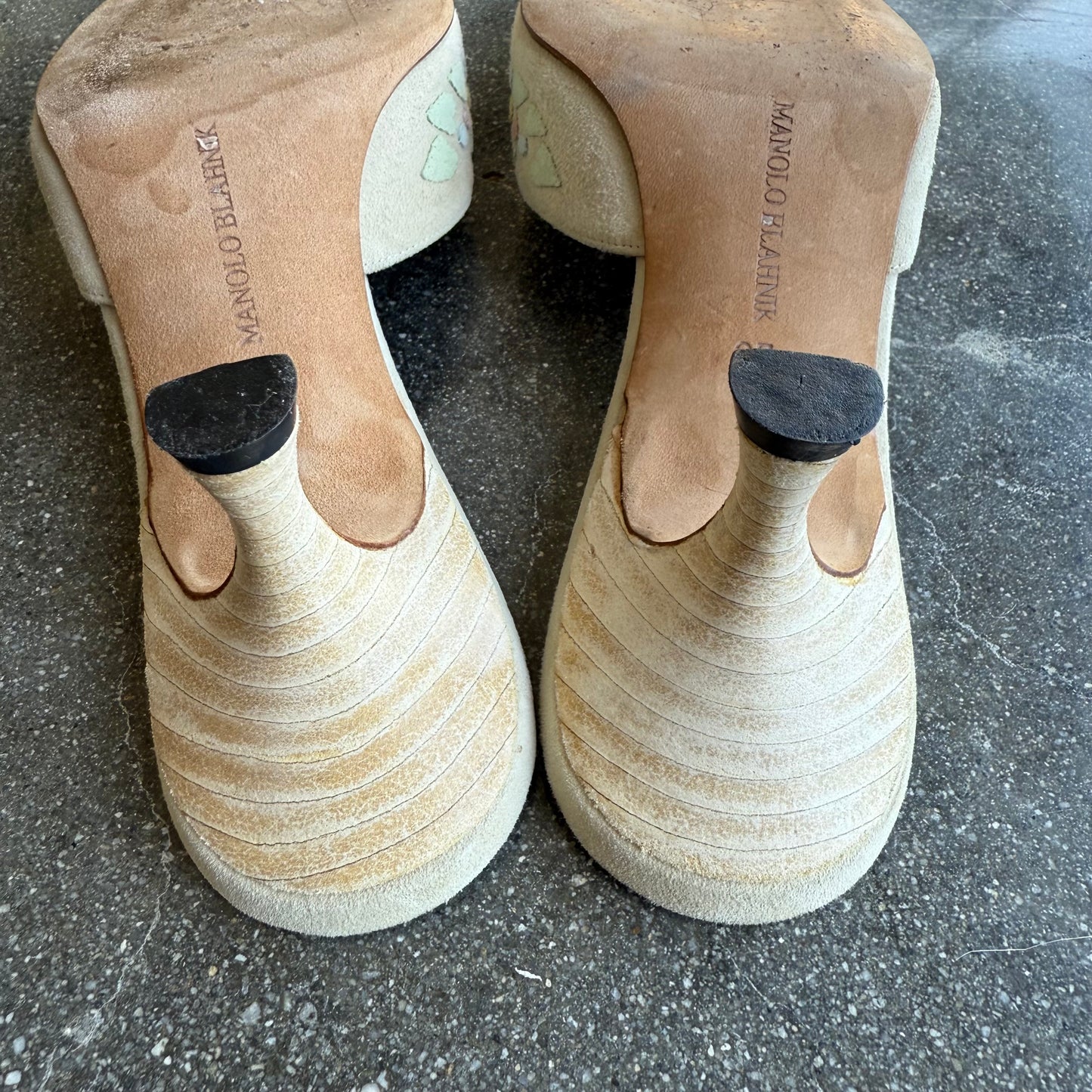 Suede Floral Patchwork Manolo Blahnik Mules - US 6.5