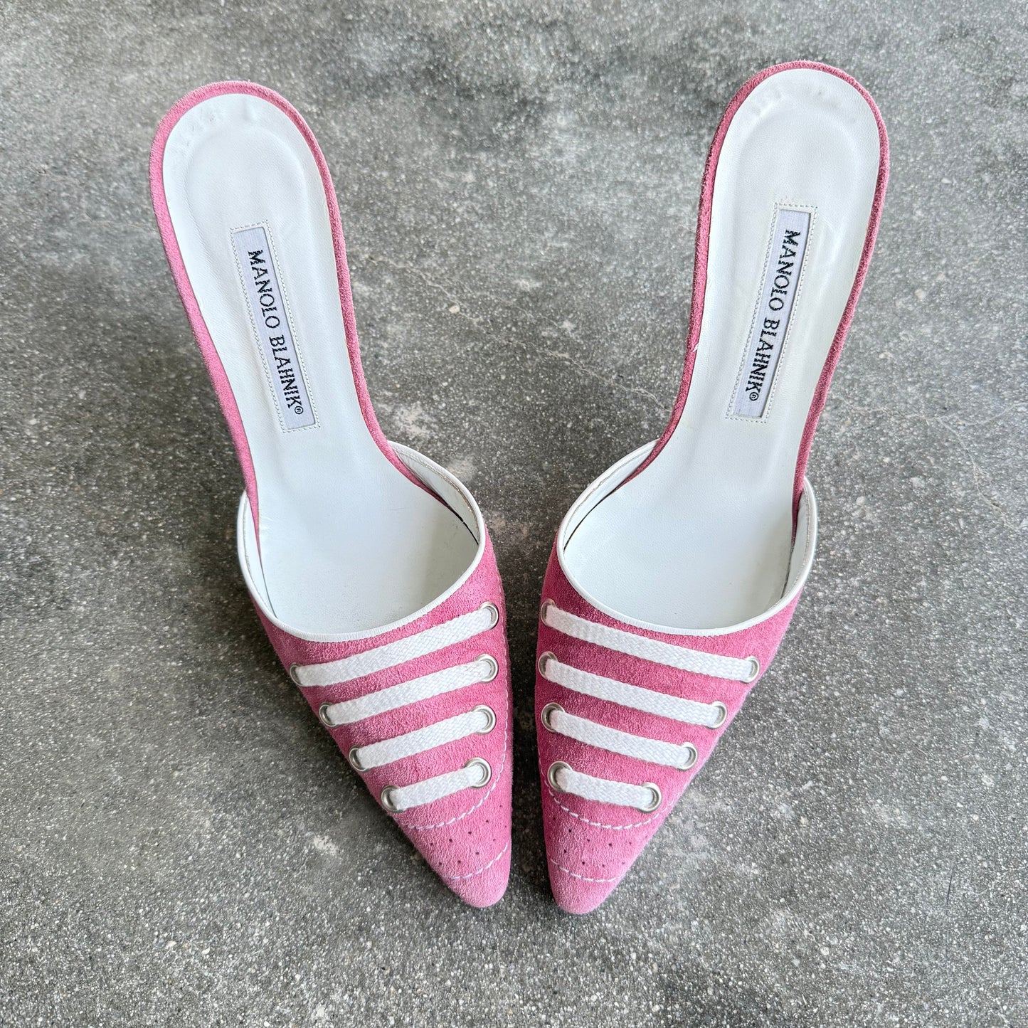 S/S2003 Pink Suede Manolo Blahnik Lace Up Mules - US 7.5