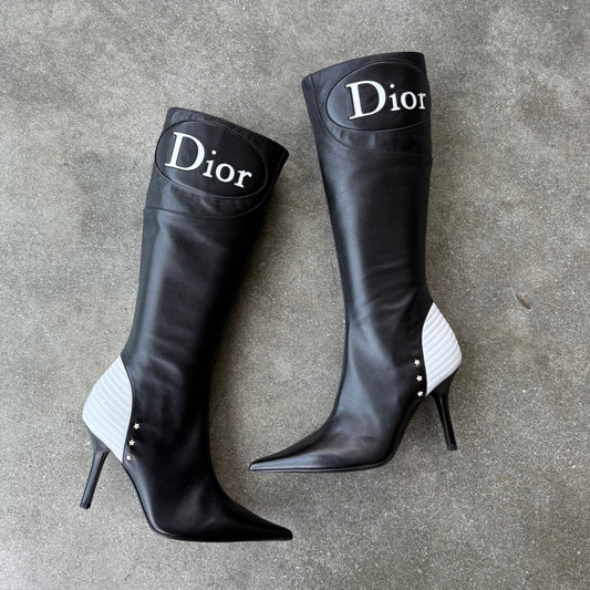 FW01 Galliano Dior Black and White Leather Racer Stiletto Boots - US 6.5-7