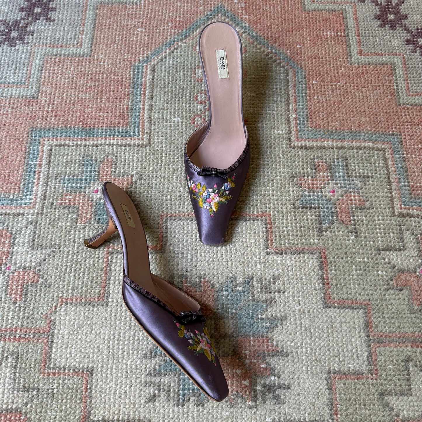 Y2K Prada Purple Silk Satin Floral Mules - US 8.5-9