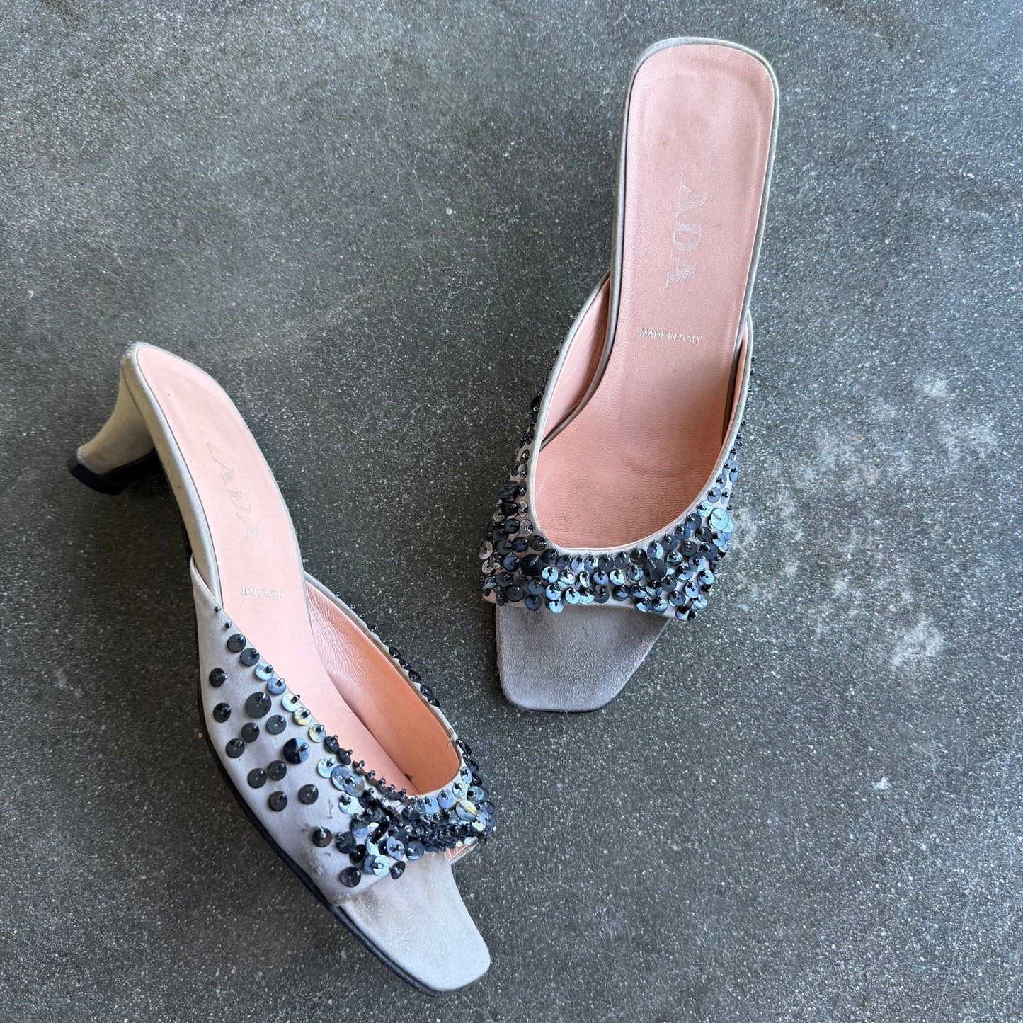 S/S1999 Prada Silk Satin Sequin Mules - US 7.5