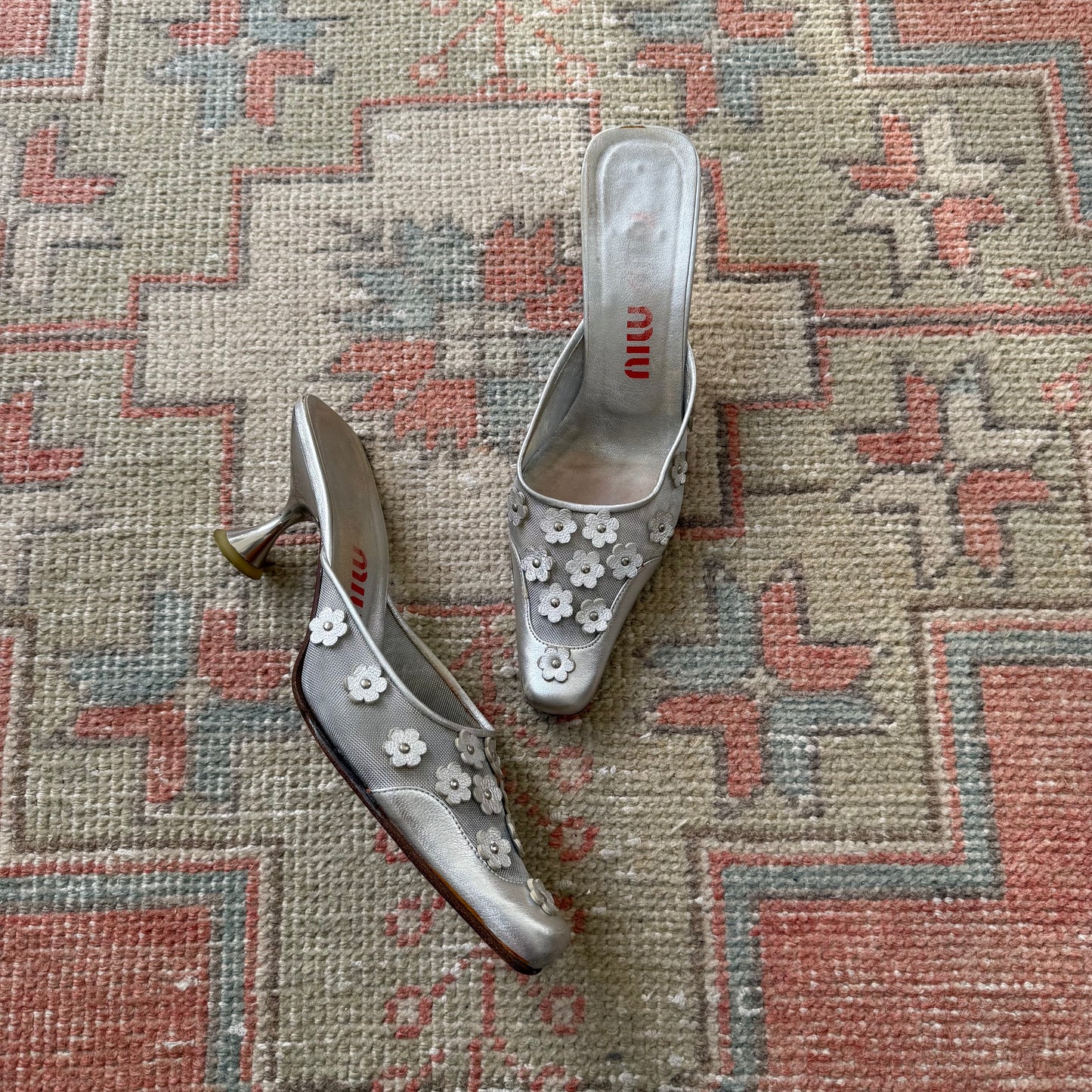 S/S1999 miu miu Silver Leather Floral Mules - US 8.5