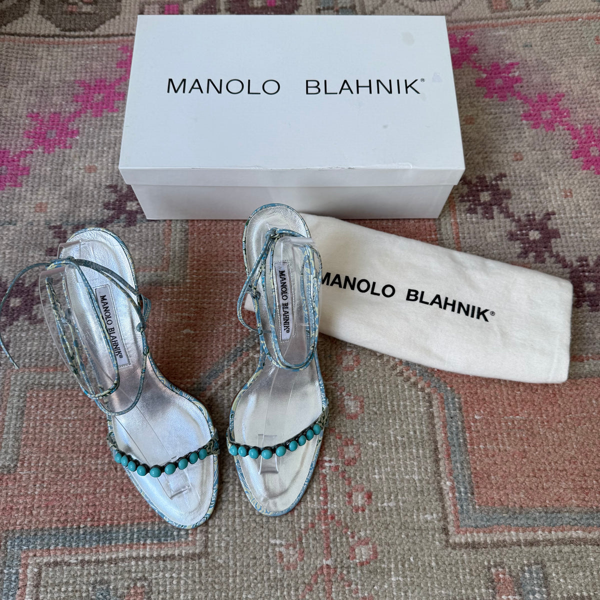 Y2K Manolo Blahnik Turquoise Paisley Sandals - US 8