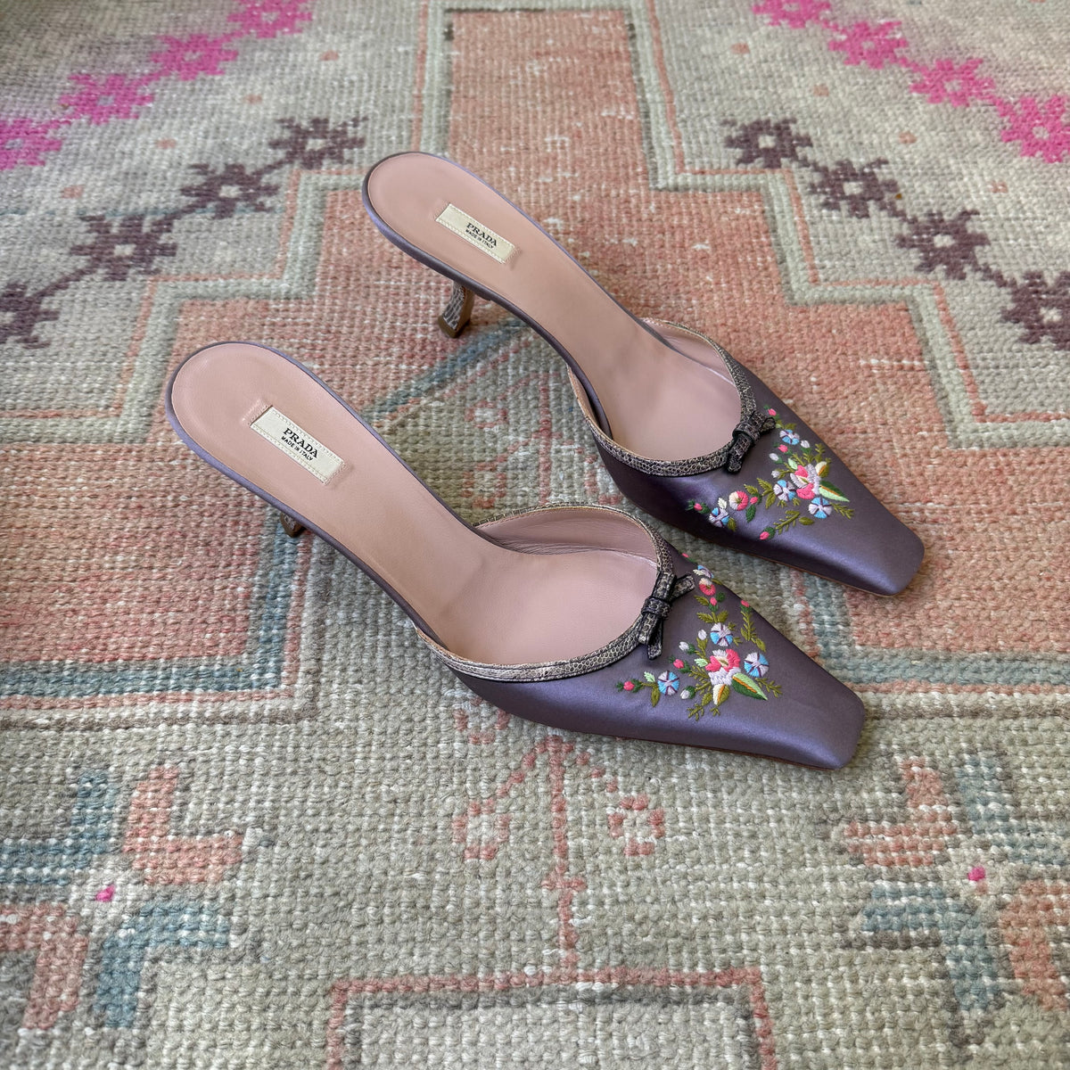 Y2K Prada Purple Silk Satin Floral Mules - US 10-10.5