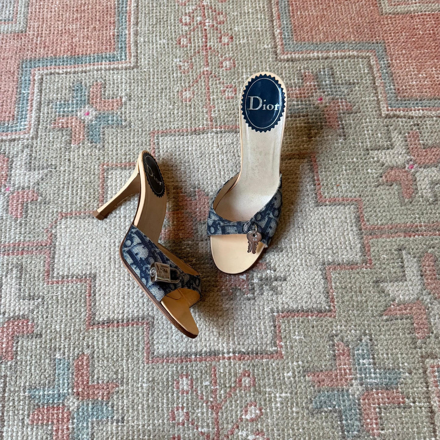 S/S2004 Galliano Dior Blue Lock & Key Mules - US 6.5