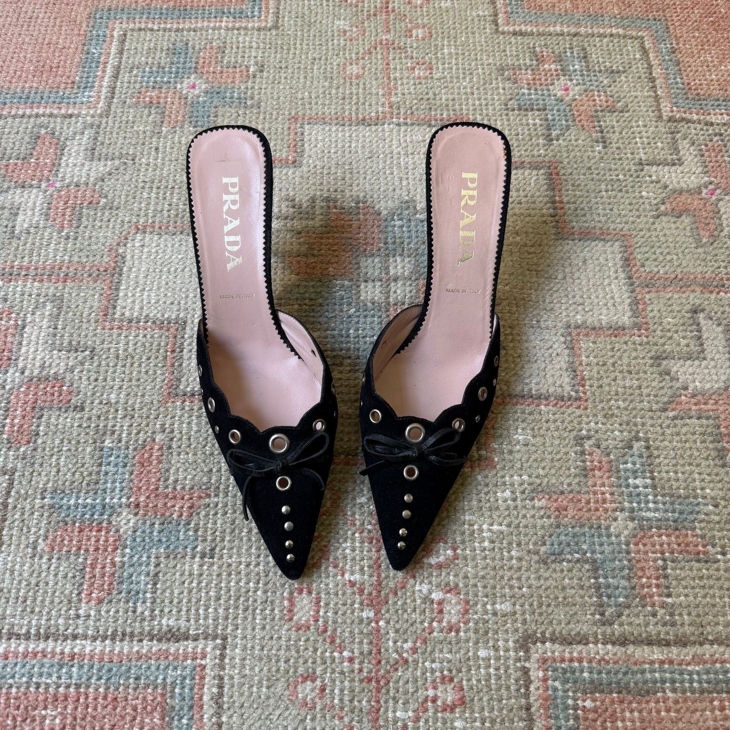 S/S2002 Prada Black Grommet Mules - US 8.5
