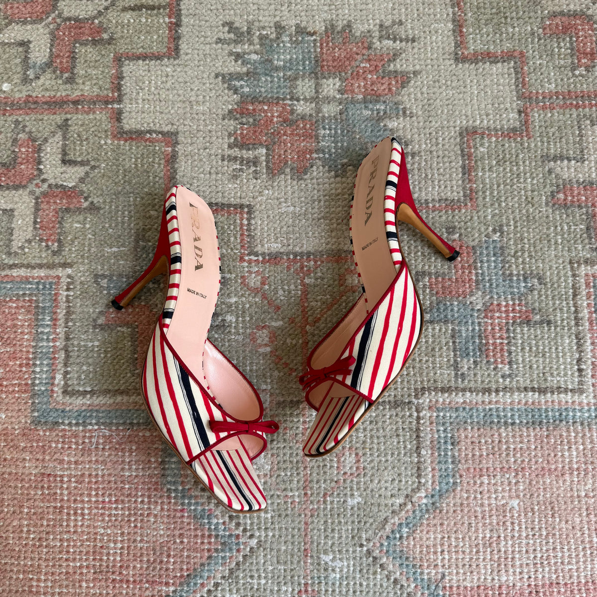 Prada Silk Striped Bow Mules - US 9.5