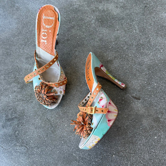 Galliano Dior S/S2003 Python + Silk Printed Mules - US 6.5