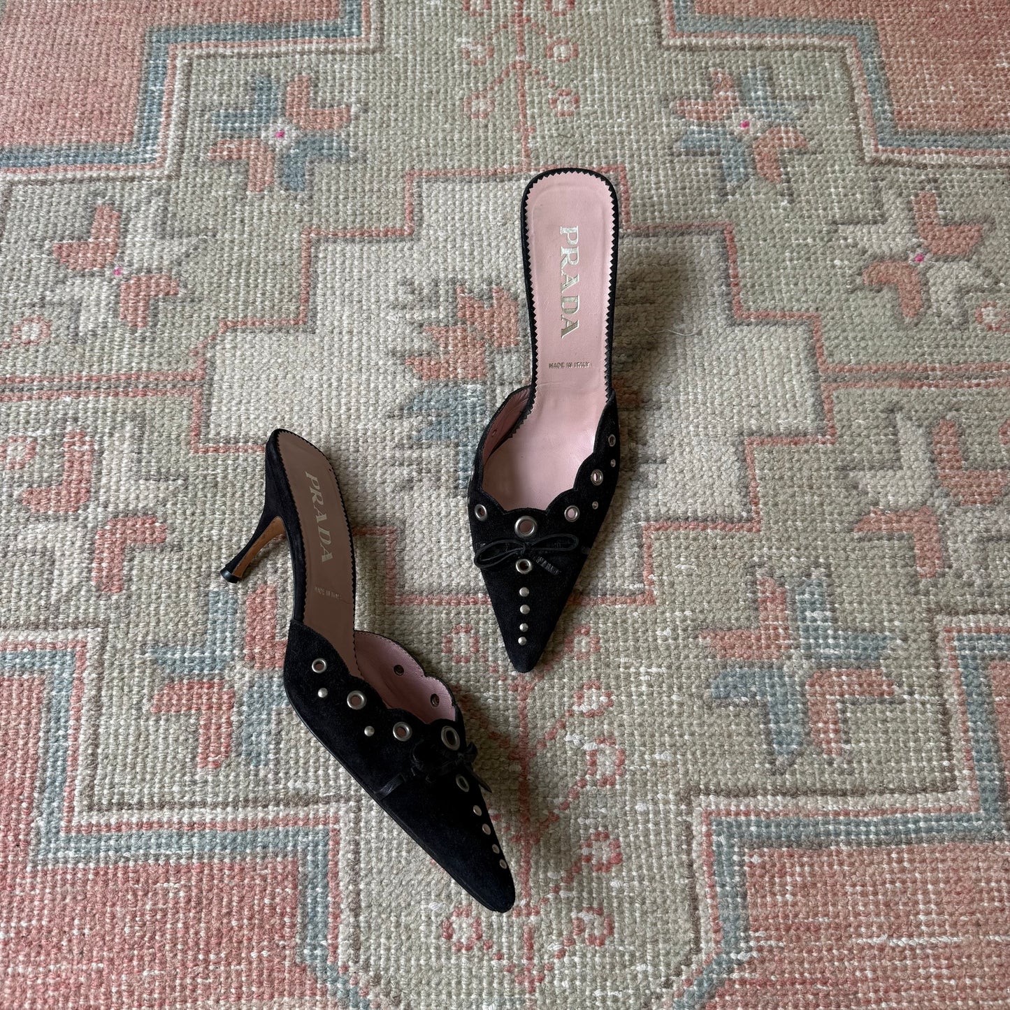 S/S2002 Prada Black Suede Grommet Mules - US 7.5