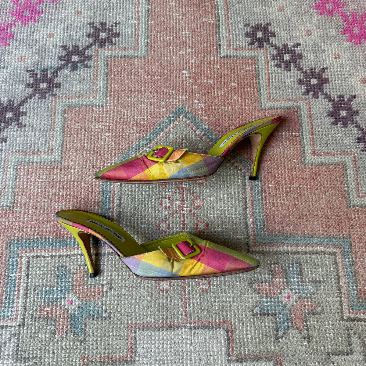 S/S2000 Manolo Blahnik Tartan Green Mules - US 9-9.5