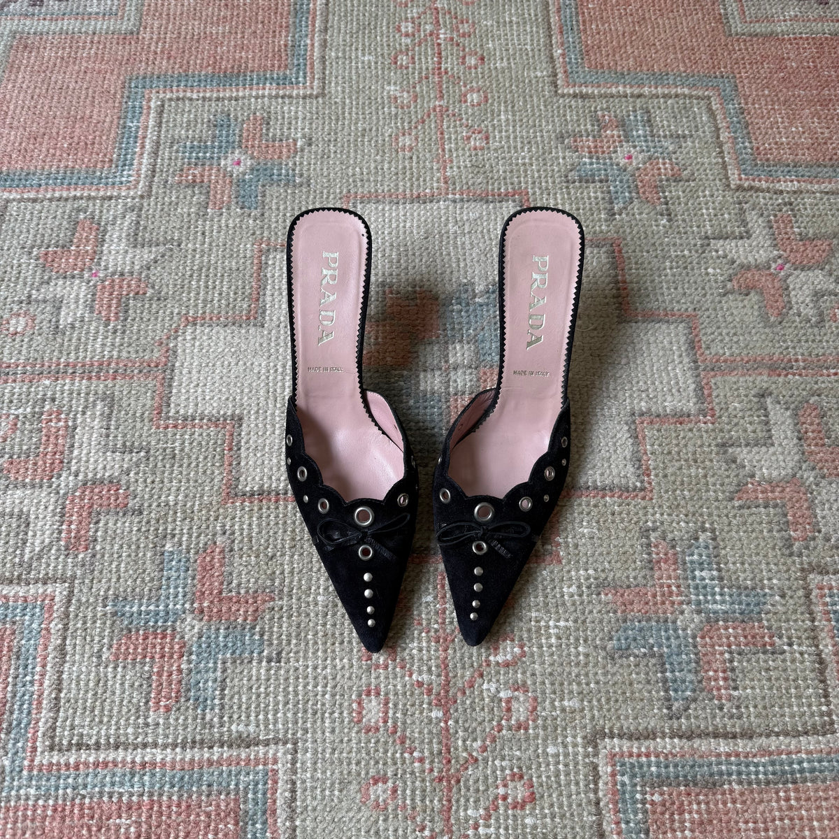 S/S2002 Prada Black Suede Grommet Mules - US 7.5