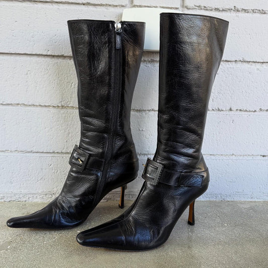 00s Jimmy Choo Black Leather Buckle Boots - US 7.5