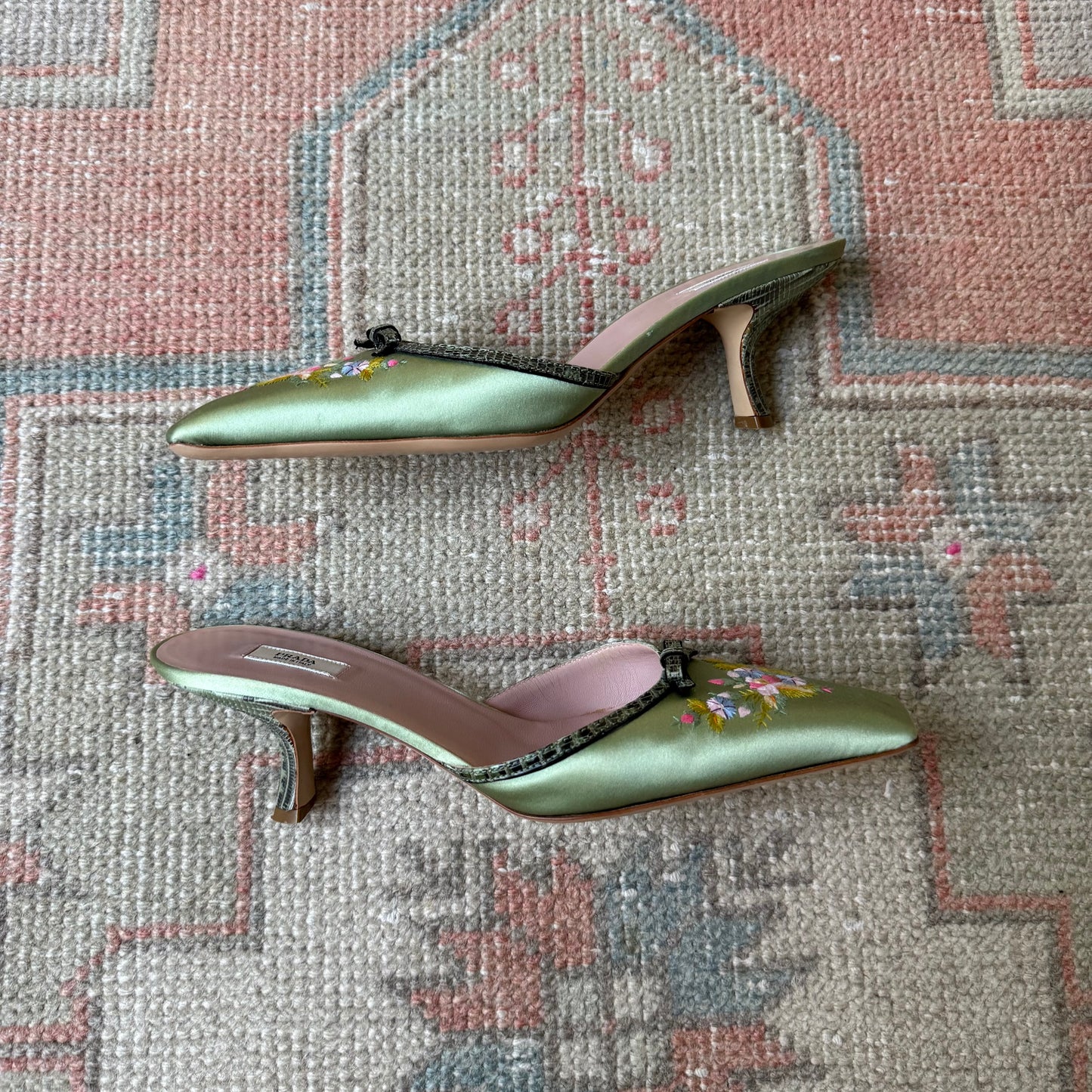 Y2K Prada Silk Satin Floral Lizard Mules - US 8
