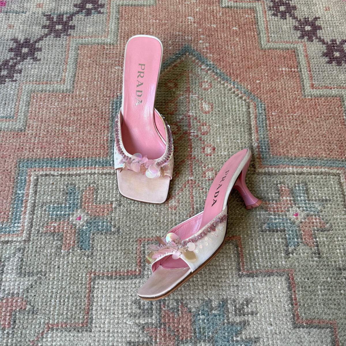 S/S1999 Prada Pink Satin Sequined Mules - US 7.5