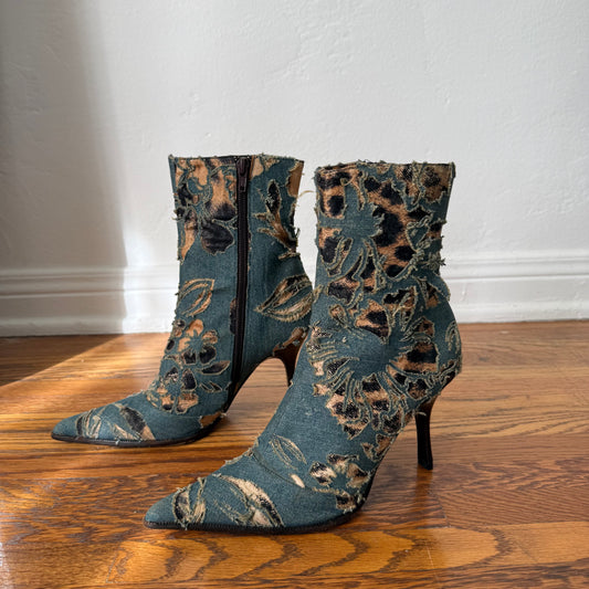 S/S2002 Roberto Cavalli Denim + Leopard Laser Cut Boots - US 7