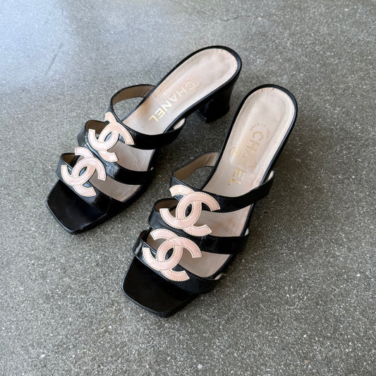 SS95 Black & Cream Patent Leather Chanel Sandals - US 7