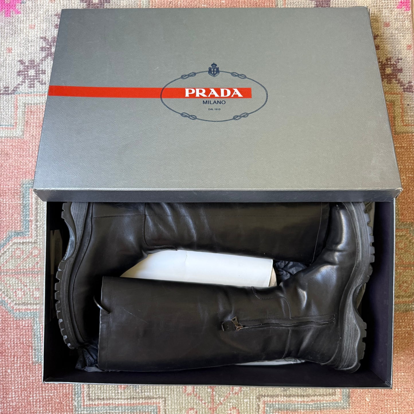 F/W2002 Prada Black Lug Sole Leather Boots - US 10.5