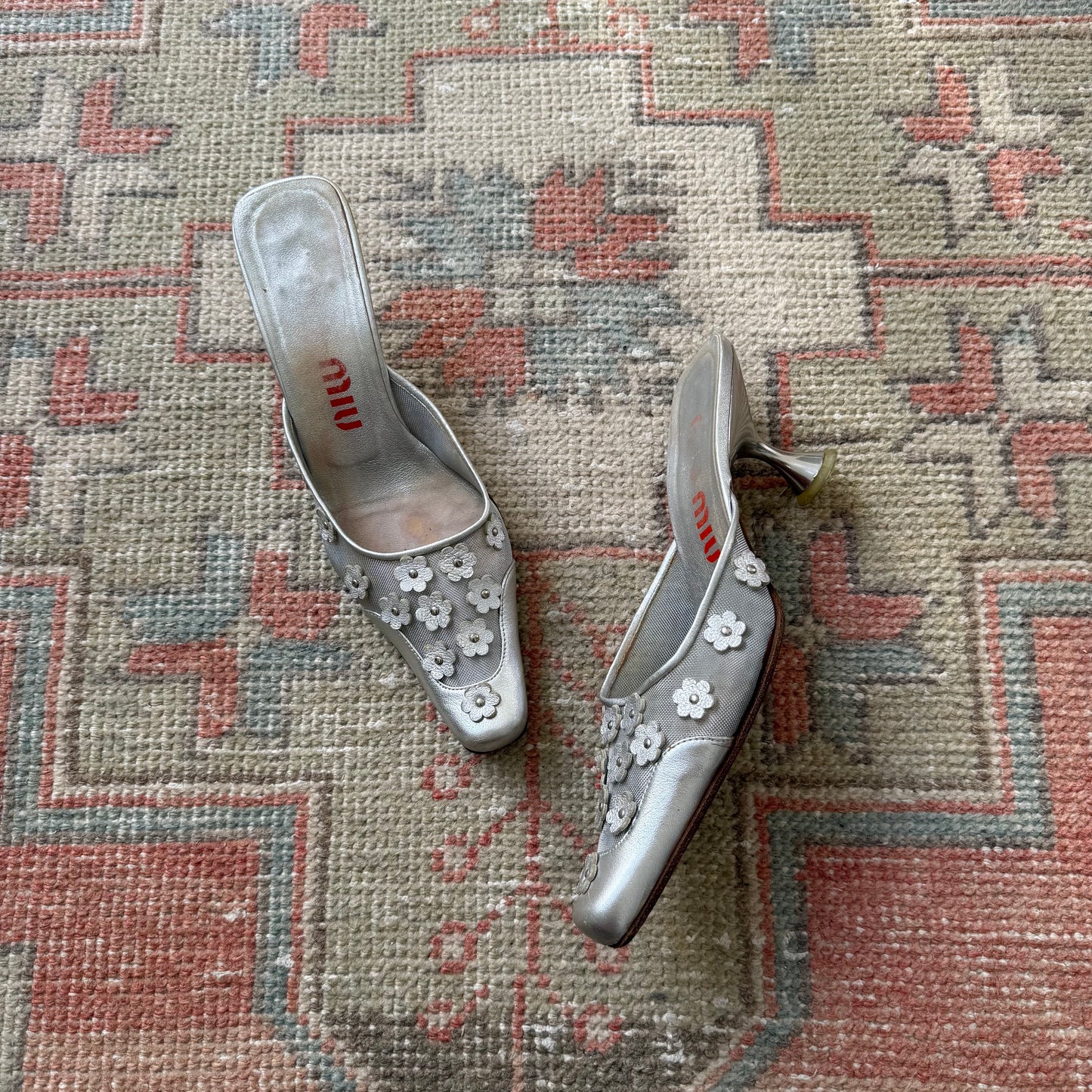 S/S1999 miu miu Silver Leather Floral Mules - US 8.5