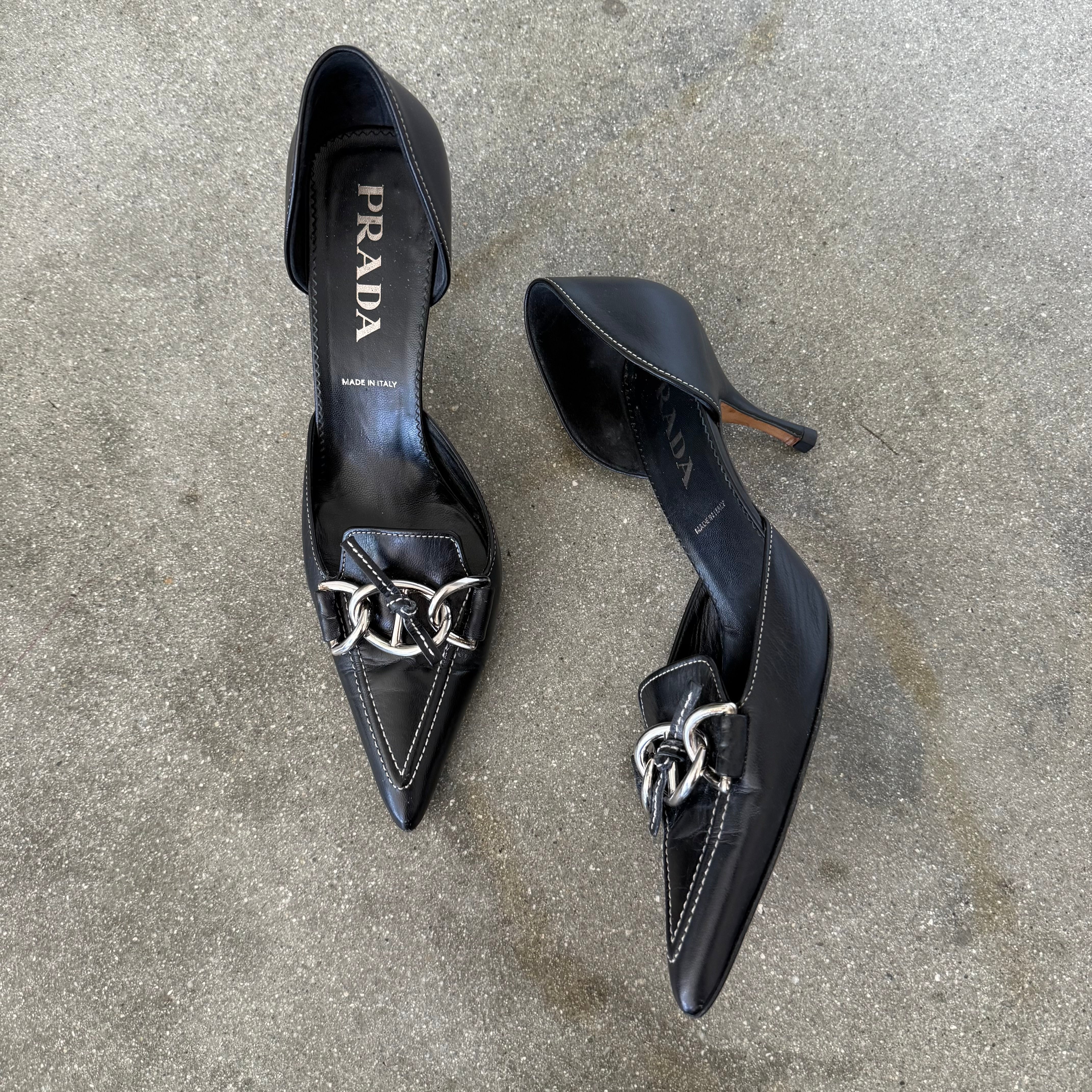 【K】PRADA Leather Low Heels Prada Antiqued Leather Pumps | Saks Fifth Avenue
