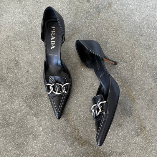 SS02 Prada Black Leather Topstitched Heels - US 7.5-8