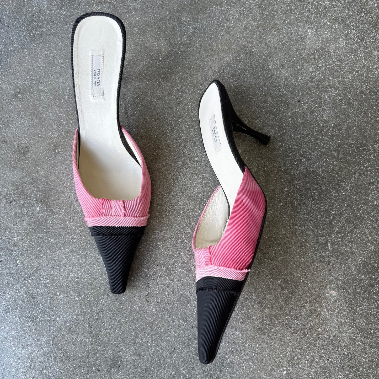 00s Prada Silk Black and White Grosgrain Mules - US 7