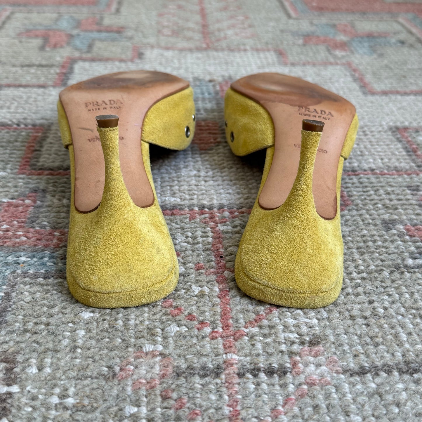 S/S2002 Prada Yellow Suede Grommet Mules - US 6.5
