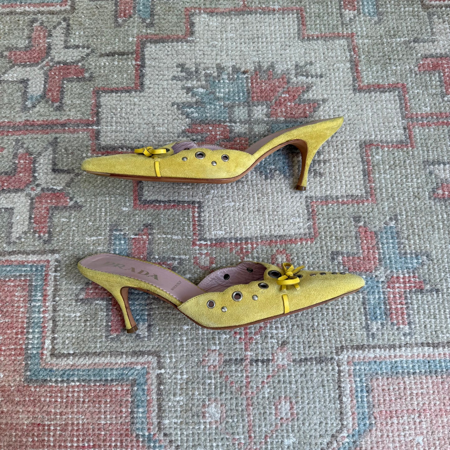 S/S2002 Prada Yellow Suede Grommet Mules - US 6.5