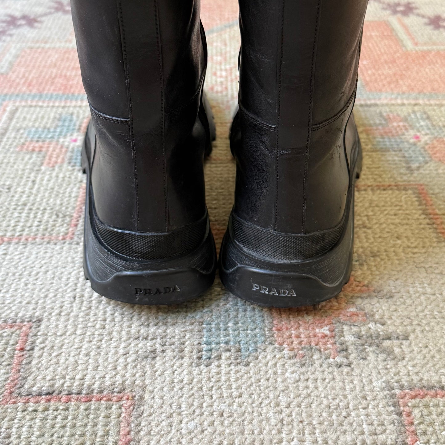 F/W2002 Prada Black Lug Sole Leather Boots - US 10.5