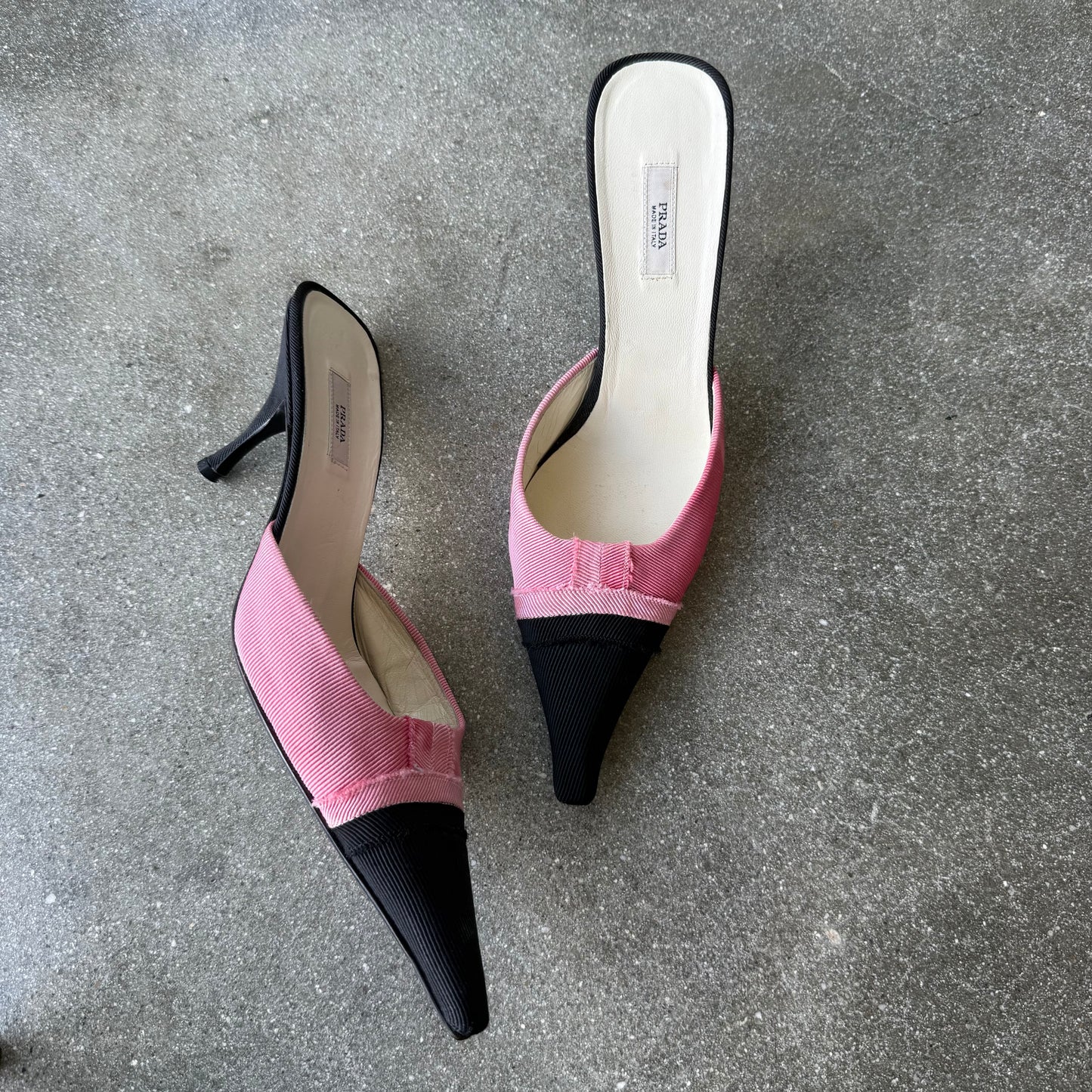 00s Prada Silk Black and White Grosgrain Mules - US 7