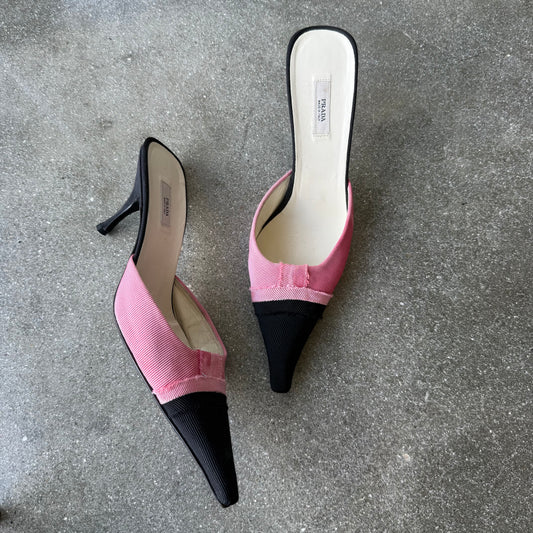 00s Prada Silk Black and White Grosgrain Mules - US 7